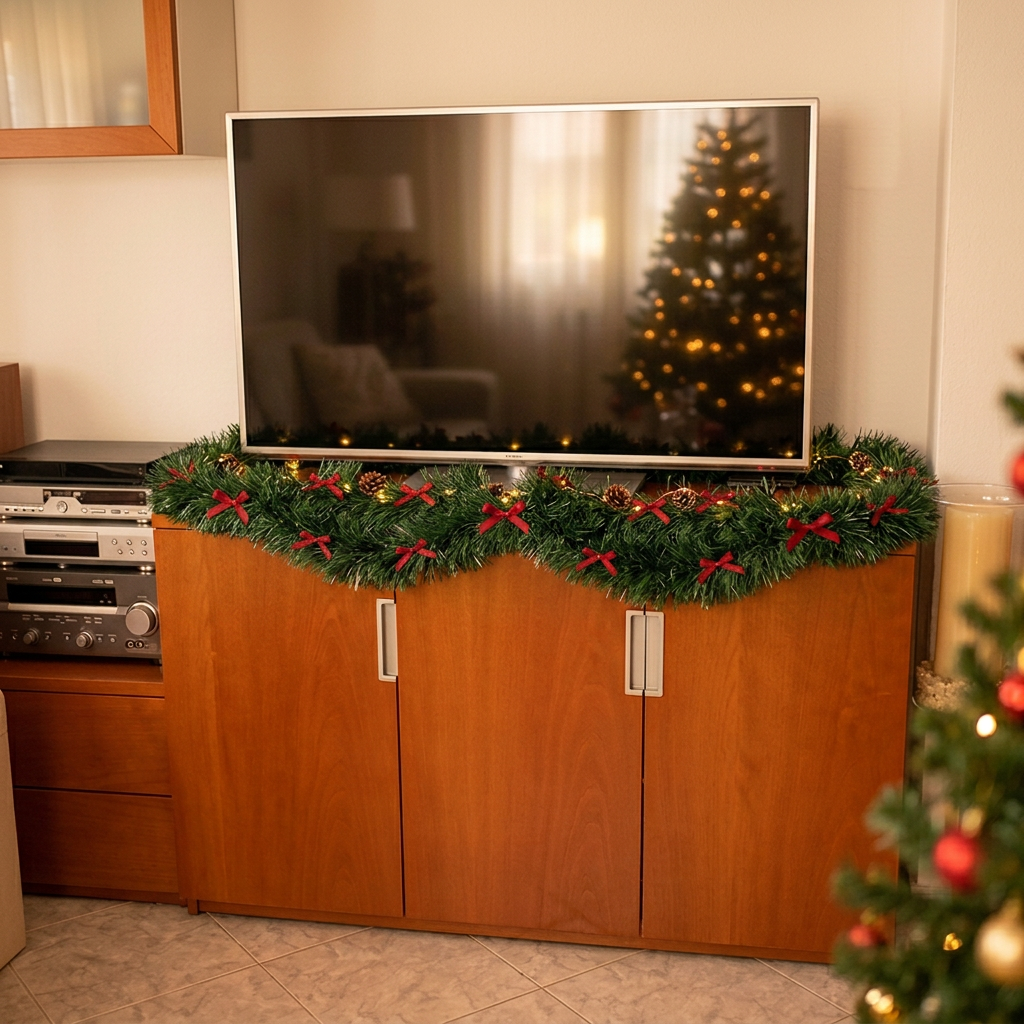 Christmas Tinsel Garland on TV Cabinet - Smaller Bows