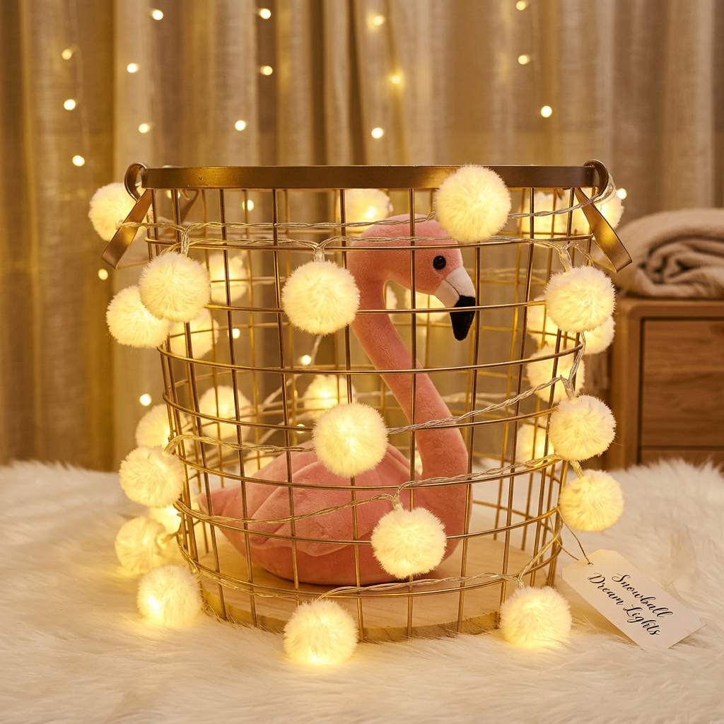 Fluffy Snowball Lights Gold Basket