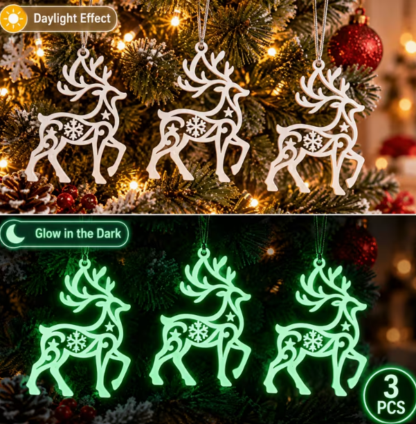 Glow-in-the-Dark Reindeer Ornaments – Set of 3 Luminous Christmas Pendants